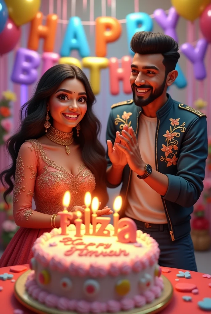 A joyful birthday scene where a Woman is wearing a beautiful dress, standing next to a cake that has 'Fiza' written on it in icing. In the background, the words 'Happy Birthday' are clearly visible, adding to the festive atmosphere. A man is clapping happily beside her, and on the back of his jacket, the name 'Aman' is prominently displayed, creating a lively and celebratory 3D environment."