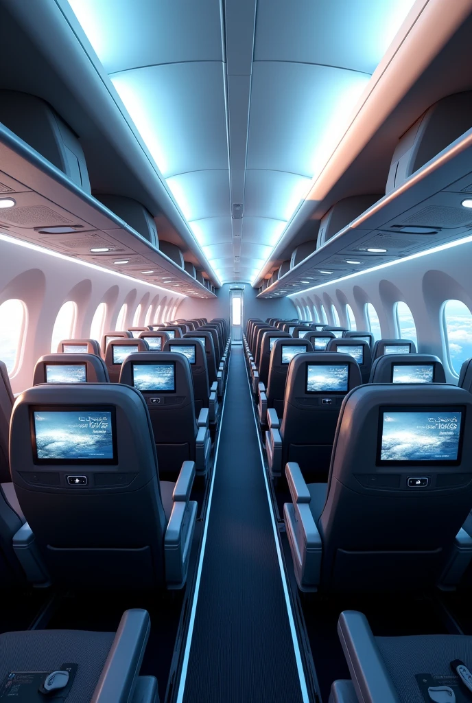 In the cockpit of the aircraft，You can see a lot of airplane seats，The seats have screens on the headrests，Real Effects，No passengers，Can see out the window and back of the seat，The camera looks down from above at a 45-degree angle
