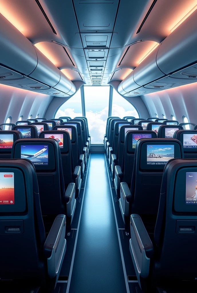 In the cockpit of the aircraft，You can see a lot of airplane seats，The seats have screens on the headrests，Real Effects，No passengers，Can see out the window and back of the seat，The camera looks down from above at a 45-degree angle
