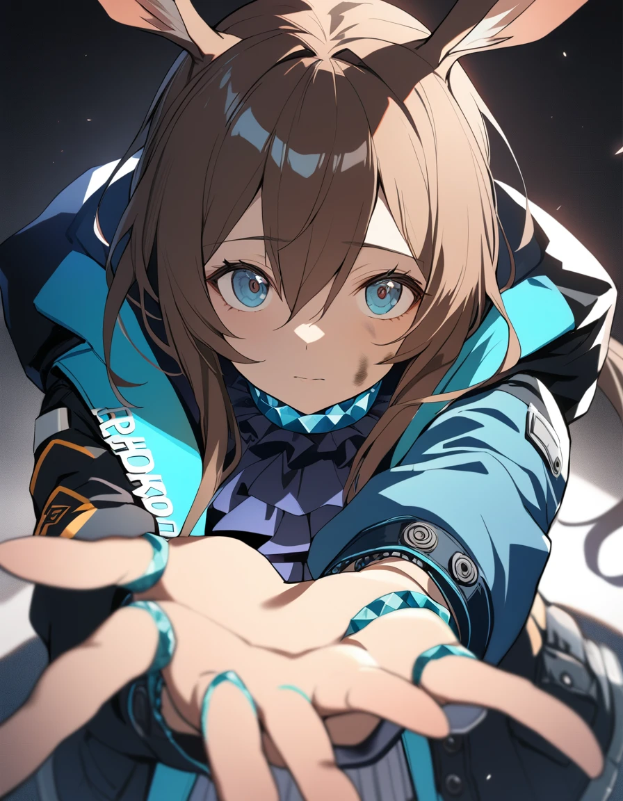 1girl, amiya \(arknights\), arknights, dirty face, outstretched hand, close-up, cinematic angle, foreshortening, dark, dark background, masterpiece, best quality