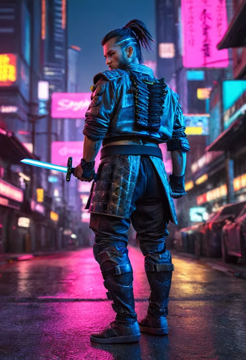 a male cyberpunk samurai, detailed cyberpunk samurai warrior, detailed futuristic cyberpunk armor, futuristic weapon, intricate cybernetic enhancements, cybernetic implants, neon city background, dark moody lighting, dramatic camera angle, cinematic composition, vibrant neon colors, (best quality,4k,8k,highres,masterpiece:1.2),ultra-detailed,(realistic,photorealistic,photo-realistic:1.37)