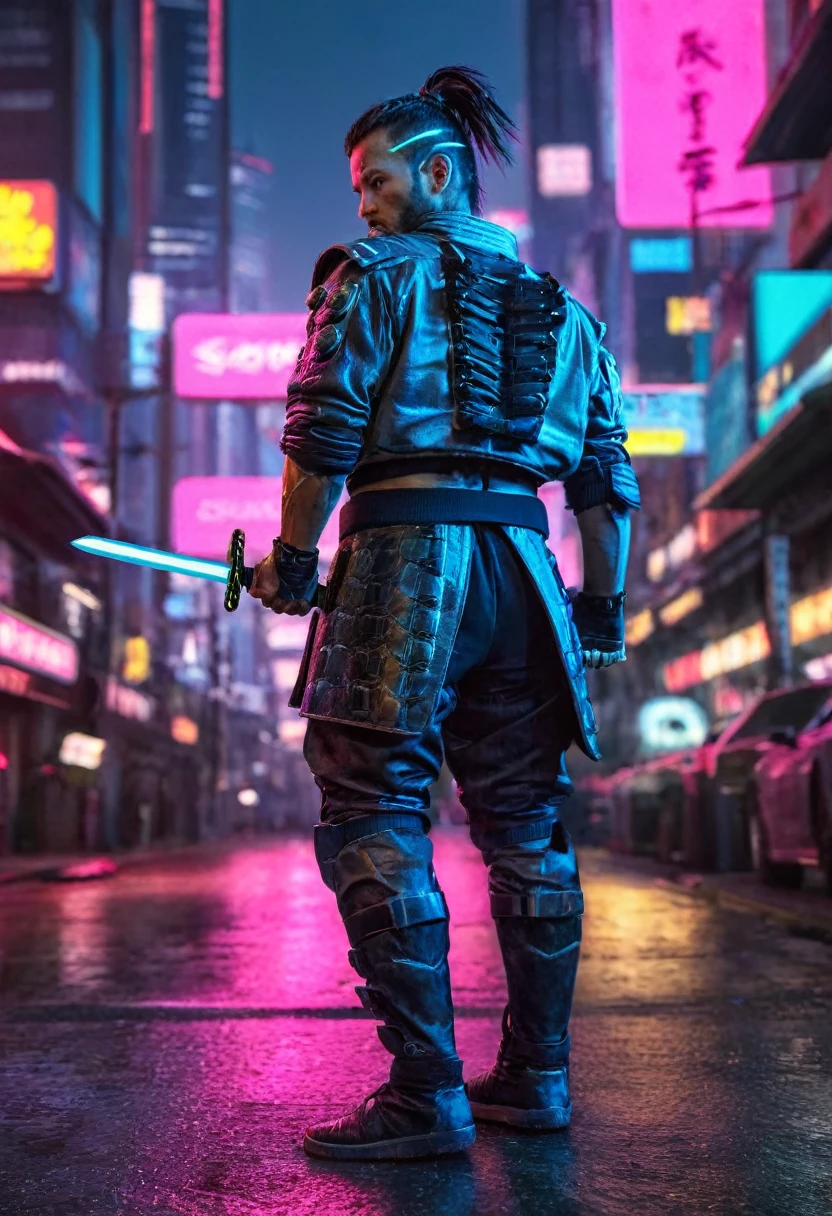 a male cyberpunk samurai, detailed cyberpunk samurai warrior, detailed futuristic cyberpunk armor, futuristic weapon, intricate cybernetic enhancements, cybernetic implants, neon city background, dark moody lighting, dramatic camera angle, cinematic composition, vibrant neon colors, (best quality,4k,8k,highres,masterpiece:1.2),ultra-detailed,(realistic,photorealistic,photo-realistic:1.37)