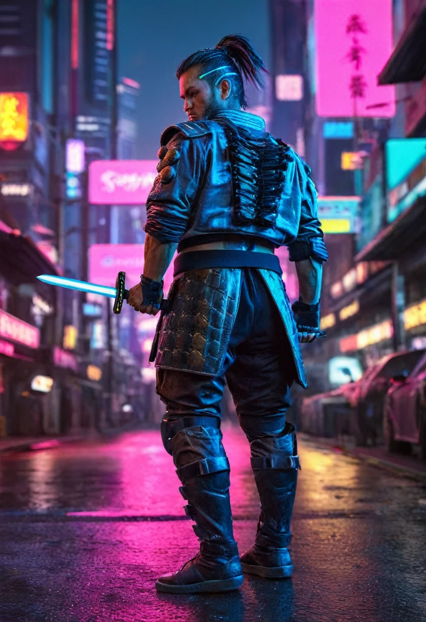 a male cyberpunk samurai, detailed cyberpunk samurai warrior, detailed futuristic cyberpunk armor, futuristic weapon, intricate cybernetic enhancements, cybernetic implants, neon city background, dark moody lighting, dramatic camera angle, cinematic composition, vibrant neon colors, (best quality,4k,8k,highres,masterpiece:1.2),ultra-detailed,(realistic,photorealistic,photo-realistic:1.37)