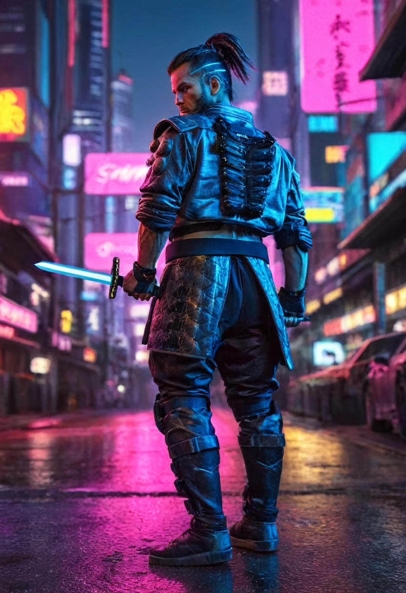 a male cyberpunk samurai, detailed cyberpunk samurai warrior, detailed futuristic cyberpunk armor, futuristic weapon, intricate cybernetic enhancements, cybernetic implants, neon city background, dark moody lighting, dramatic camera angle, cinematic composition, vibrant neon colors, (best quality,4k,8k,highres,masterpiece:1.2),ultra-detailed,(realistic,photorealistic,photo-realistic:1.37)