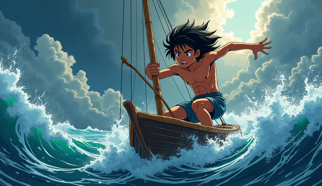 Kai is a lean, wiry teenager with tanned skin from long days spent under the sun. His hair is dark and unruly, onboard clinging to the mast of his boat, drenched and struggling to keep control as the storm rages around him. Scene carton anime
