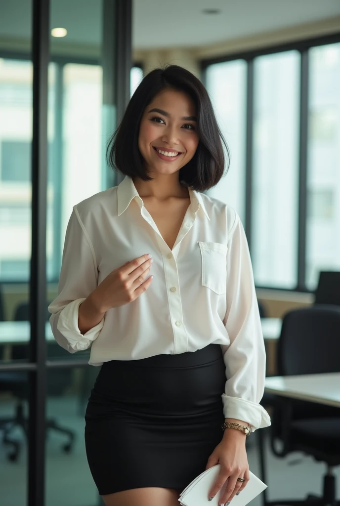 A 35 years old beautiful indonesian woman, natural very big breasts, chubby body, bob cut hair style, wear sheer white shirt with opened button, black mini skirt, sexy sensual and seductive expression and pose, holding some document, in the office, realistic photography, natural light, look at the viewer,
