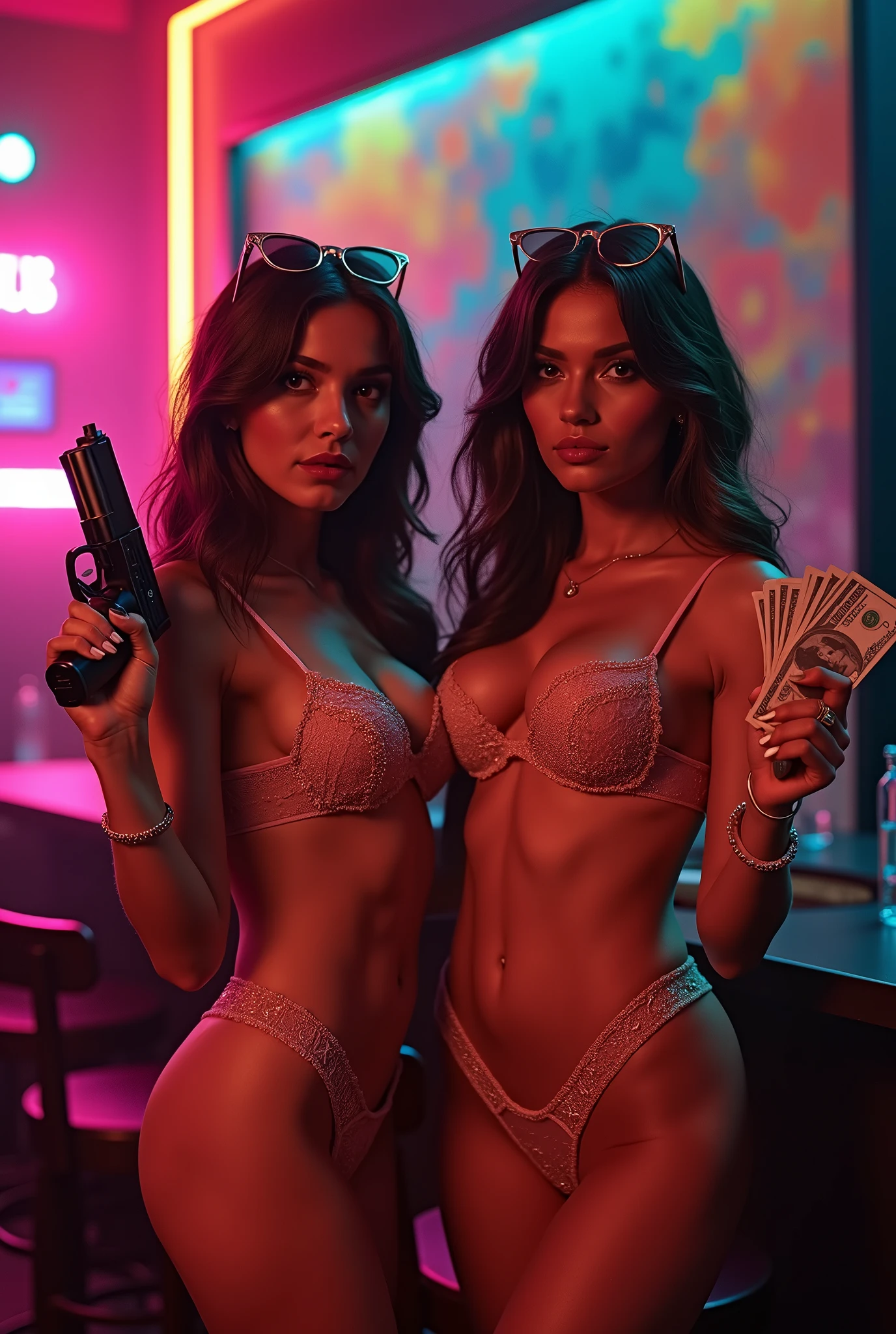 TWO SEXY WOMEN IN LINGERIE GRABBING A MICROPHONE, money, AND A GUN AND A LARGE ARTWORK IN HIS HANDS