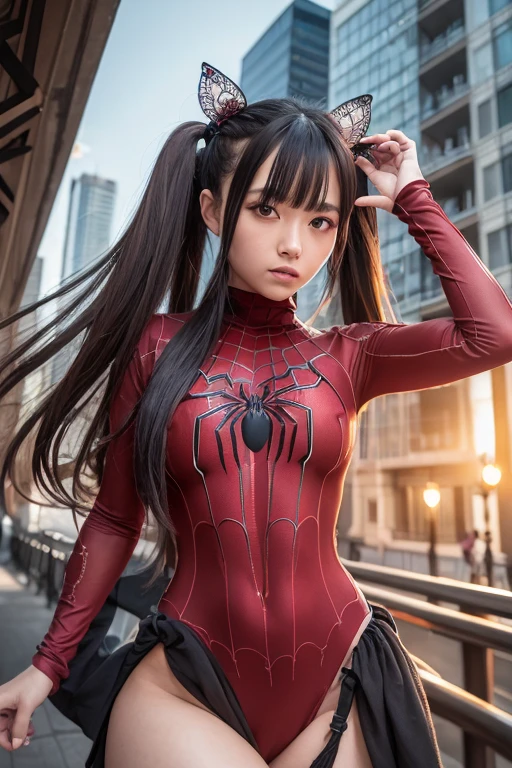 (masterpiece, Highest quality), Intricate details, 8k, Art Station, wallpaper, Official Art, Splash Art, Sharp focus,, One person, Long Hair, Twin tails, Red eyes, Brown Hair, ,  Spider Suit, spiderweb printing, spiderweb,  , skyscraper, city, building, car, street,