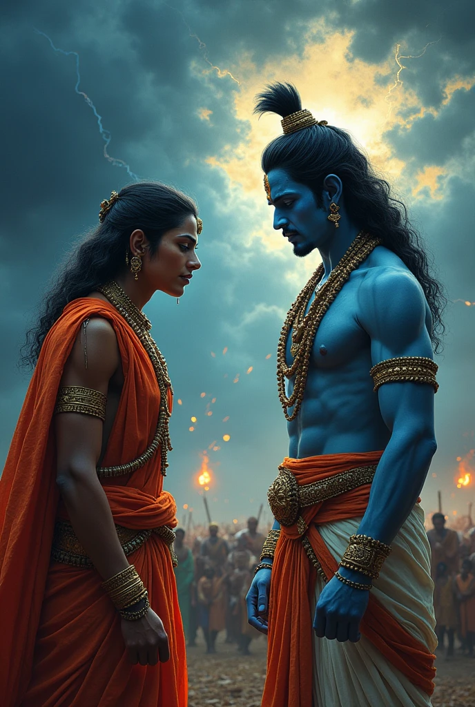 Lord Arjuna tearing  in front of Lord Krishna
