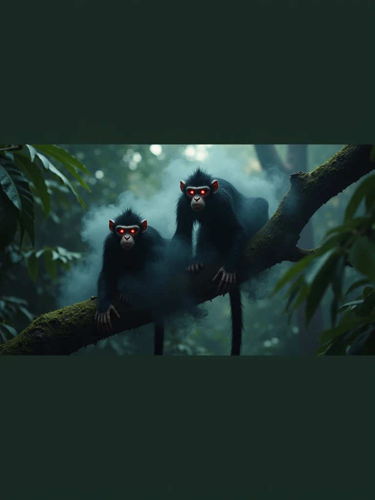 The monster monkeys sitting on the trees with red eye and around their bodies is full of black smoke 8k