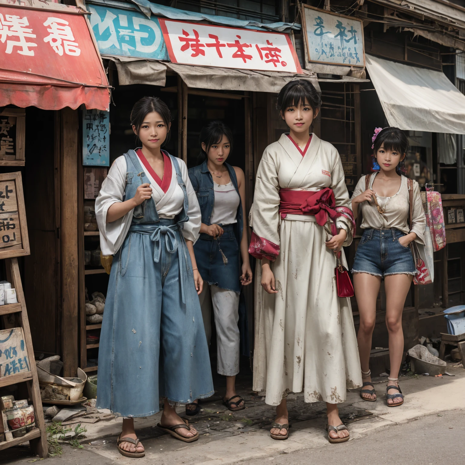 
((masterpiece、Highest quality))、Beautiful girls gather.、Three girls in summer clothes、clothes、(Showa Retro:1.2)、(Detailed and cute face:1.3)、(Poor conditions、Japan's poor neighborhoods、Dim and unsanitary、Standing Bar、みんなで楽しくdiet、Crumbling shopping mall)、屋台のdiet店、stage、sewage、Dirty shop、street vendors、Unsanitary and abandoned city、smile、diet、Poor person々