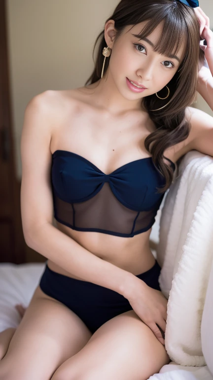 最high quality, 8K, masterpiece: 1.3, Ultra HD, high quality, 最high quality, High resolution, realism)) 、slender、slenderだがアスリートのような細マッチョ、small breasts、Wear accessories on your wrist、Wearing red nail polish、I have a peticure、aerial perspective((atmospheric perspective))、smile((smiley))、background blur((depth of field)、Wear a sheer, one-shoulder top、、bedroom background、crystal earrings((crystal earrings))、Vertical roll on one side((side drill))、Hair behind ears((hair behind ear))、white woman、brunette、blue eyes、hair band((hair ribbon))