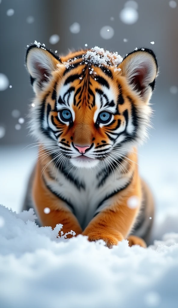 Create a super cute little tiger, Big bright eyes, Fluffy, Delicate and exquisite, Snow background,Real version of tiger cub