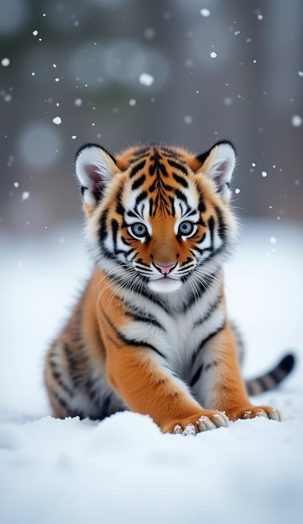 Create a super cute little tiger, Big bright eyes, Fluffy, Delicate and exquisite, Snow background，Real version of tiger cub