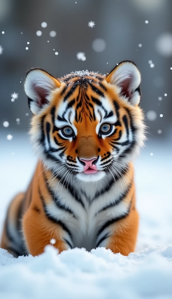 Create a super cute little tiger, Big bright eyes, Fluffy, Delicate and exquisite, Snow background,Real version of tiger cub