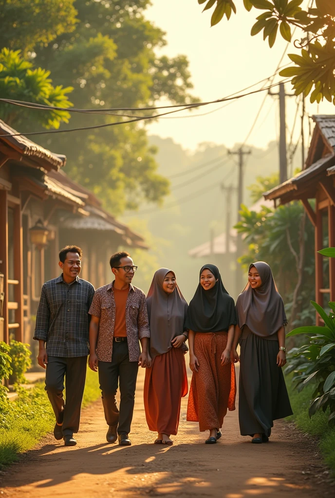 the title of the film is written aesthetically "matsu" with the correct spelling on the front, togetherness, very high quality photo, a happy scene, a man wearing glasses from Indonesia, 3 men from Indonesia, 3 women wearing hijabs and 1 woman with long hair walking chatting in the corner of the village, fullbody, realistic, cool and complex visual effects, looks real and perfect, UHD 64K, very sweet