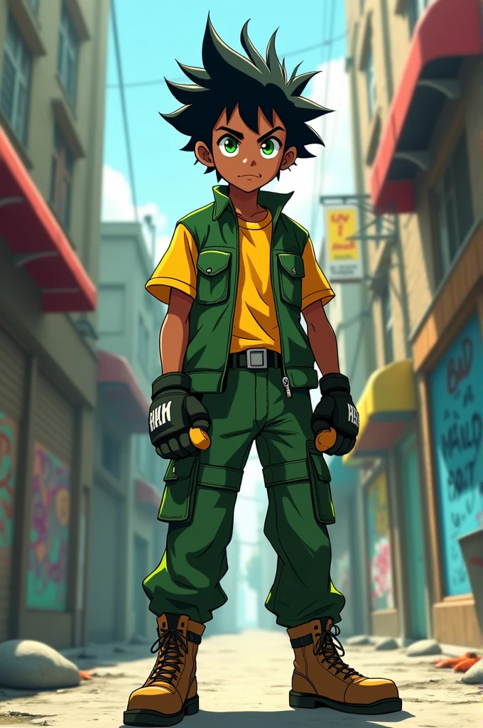 A dark skinned anime style boy with green eyes and black hair wearing a green and yellow shirt wearing green tactical pants wearing military boots wearing mma gloves