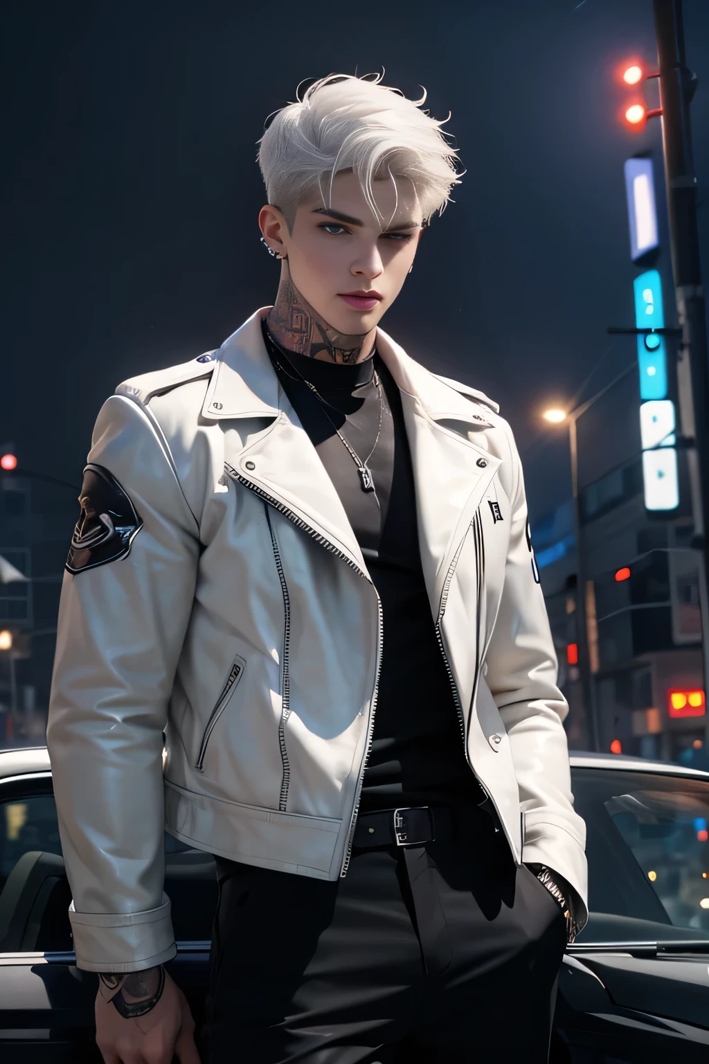 ((Best quality)), ((masterpiece)), 8k (detailed), ((perfect face)) ((halfbody)), perfect proporcions, perfect proporcions, he is a handsome male, he is , badass, wild hair on his head, white short hair, night city, ((perfect face)) white hair, long bangs, leather jacket, balck clothes, black pants, tattoos in neck. piercings, 18 years old