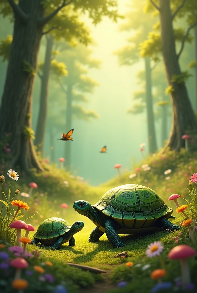 A little turtle with its turtle mama living in the forest for a children's book