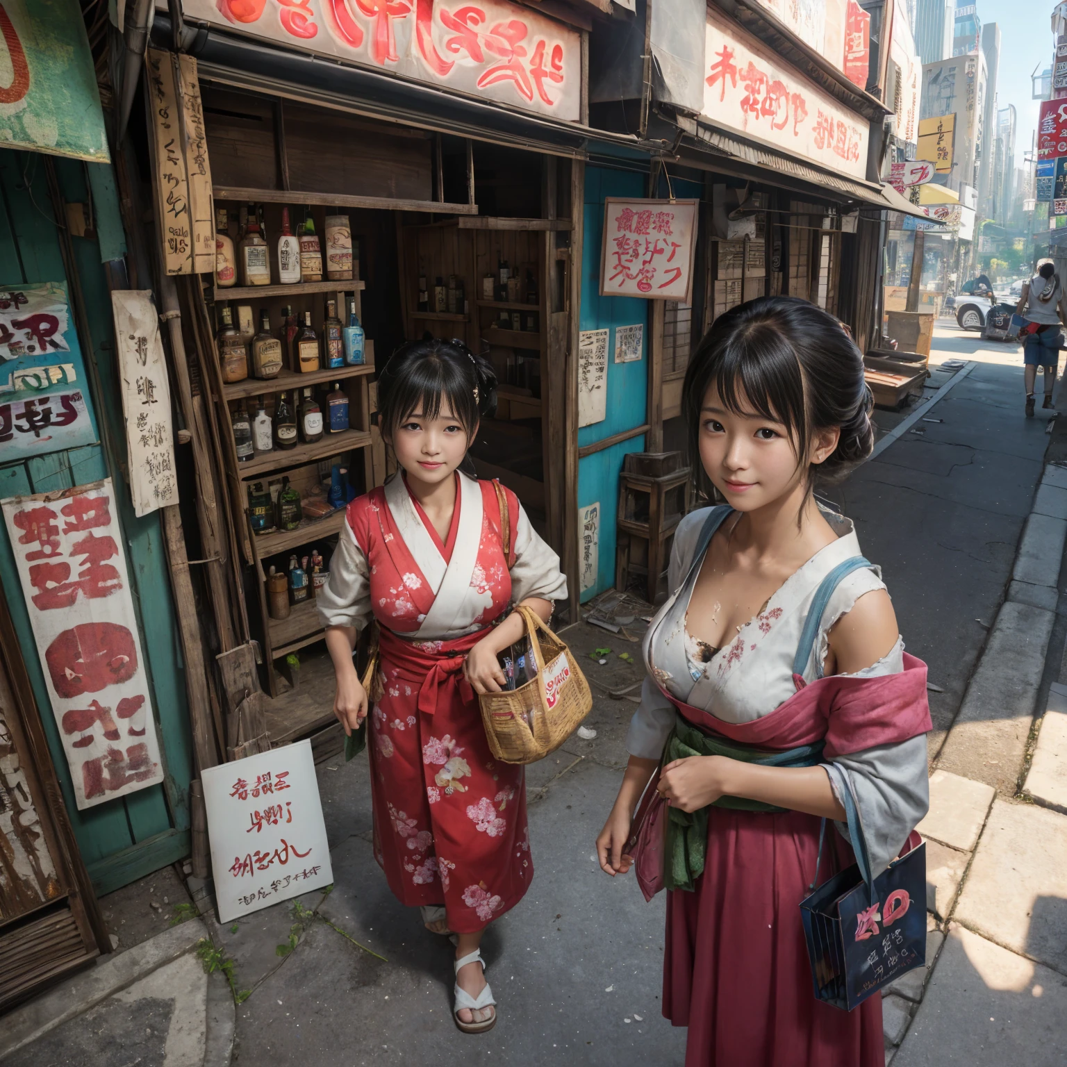 ((masterpiece、Highest quality))、Beautiful girls gather.、Three girls in summer clothes、clothes、(Showa Retro:1.2)、(Detailed and cute face:1.3)、(Poor conditions、Japan's poor neighborhoods、Dim and unsanitary、Standing Bar、みんなで楽しくdiet、Crumbling shopping mall)、屋台のdiet店、stage、sewage、Dirty shop、street vendors、Unsanitary and abandoned city、smile、diet、Poor person々