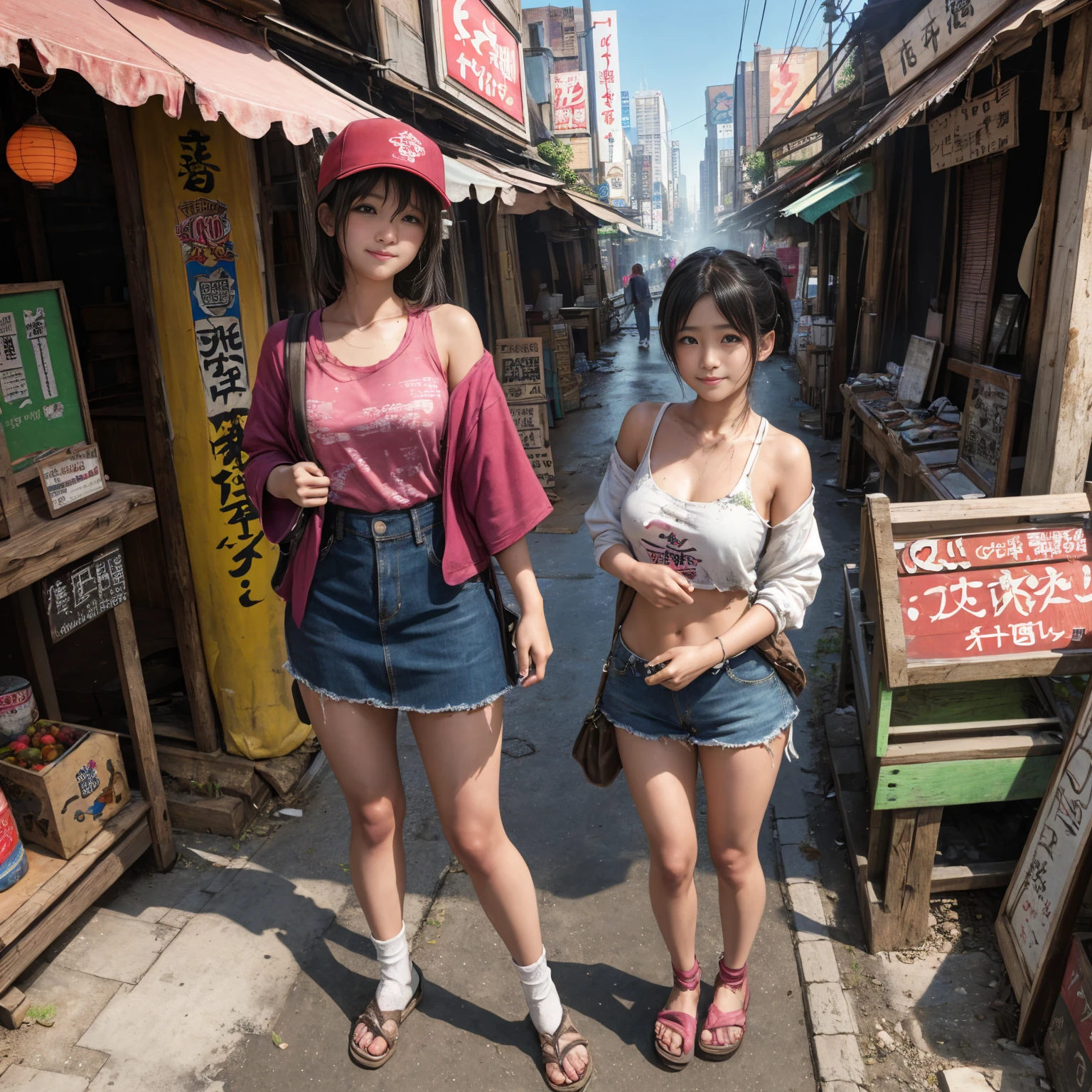 ((masterpiece、Highest quality))、Beautiful girls gather.、Three girls in summer clothes、clothes、(Showa Retro:1.2)、(Detailed and cute face:1.3)、(Poor conditions、Japan's poor neighborhoods、Dim and unsanitary、Standing Bar、みんなで楽しくdiet、Crumbling shopping mall)、屋台のdiet店、stage、sewage、Dirty shop、street vendors、Unsanitary and abandoned city、smile、diet、Poor person々
