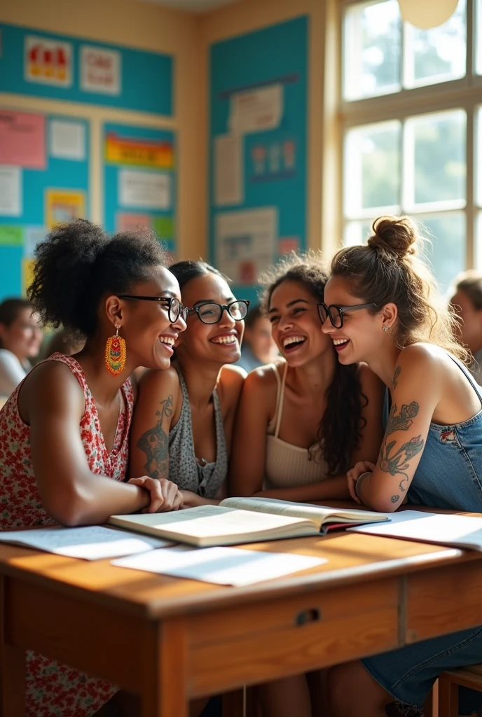 A group of women were sitting and gossiping in the classroom.
