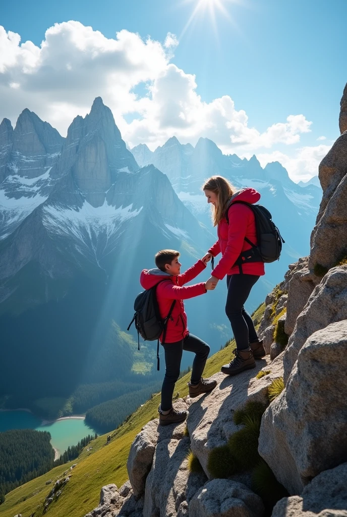 Romantic Couple Boy helps girl I'm climbing in the krakrm mountains