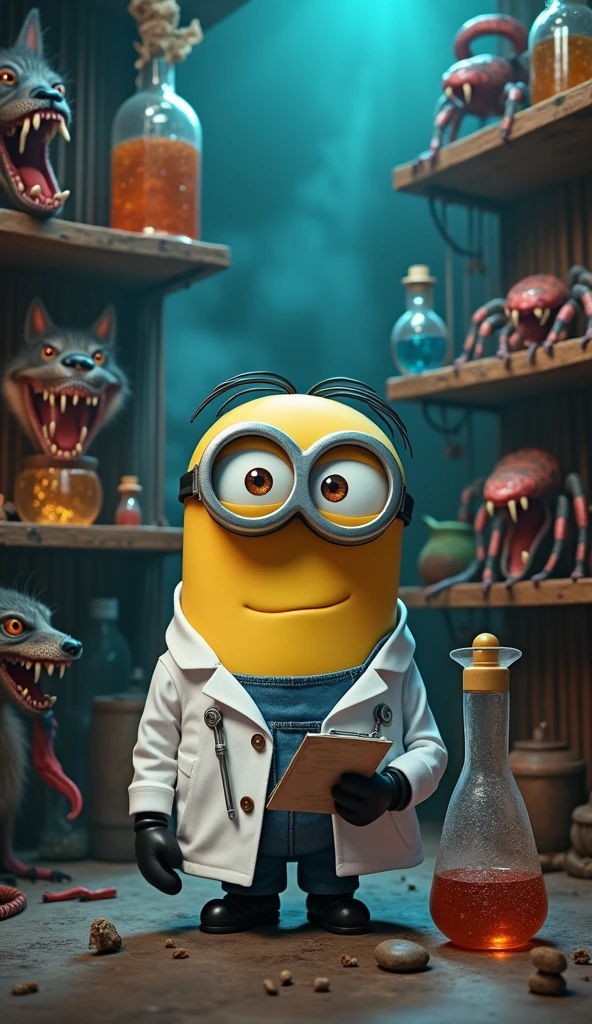 Minion is wearing a scientist suit doing research On the lab table Minion is holding a needle to inject a mouse , On the counter are shelves of chemicals. Right view, the highlight is Minion and the mouse. The image is very scary and spooky. 