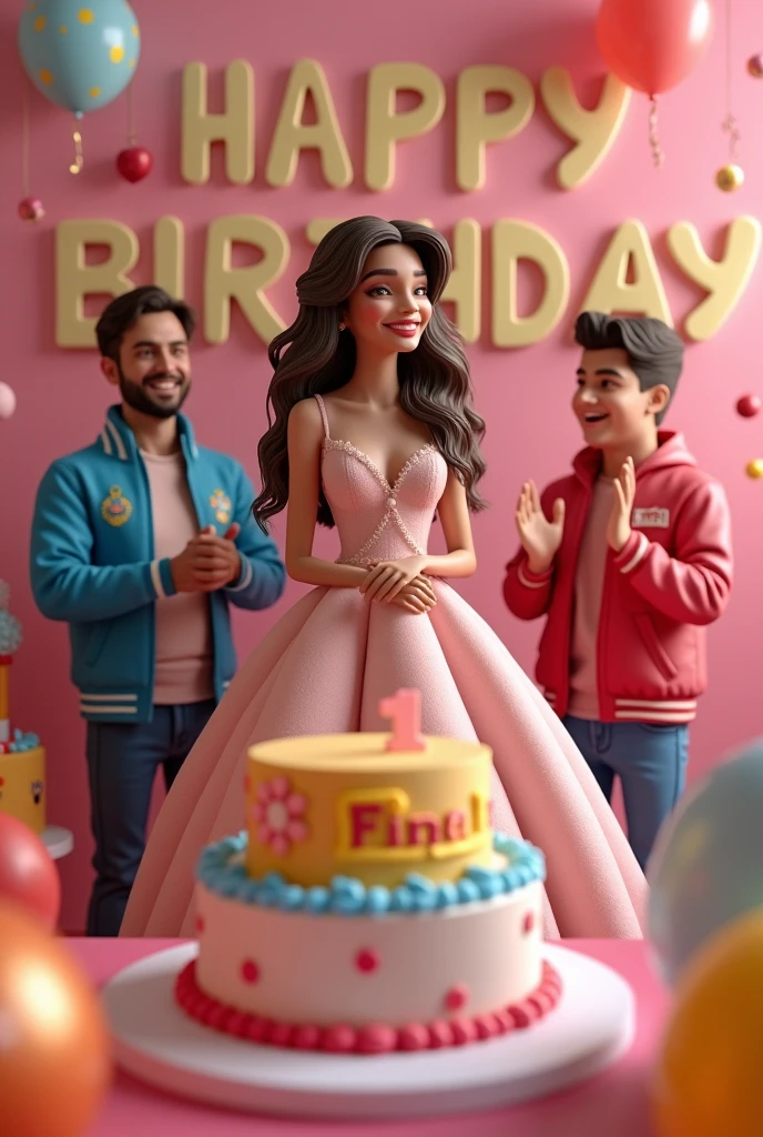 A joyful birthday scene where a Woman is wearing a beautiful dress, standing next to a cake that has 'Fiza' written on it in icing. In the background, the words 'Happy Birthday' are clearly visible, adding to the festive atmosphere. A man is clapping happily beside her, and on the back of his jacket, the name 'Aman' is prominently displayed, creating a lively and celebratory 3D environment."