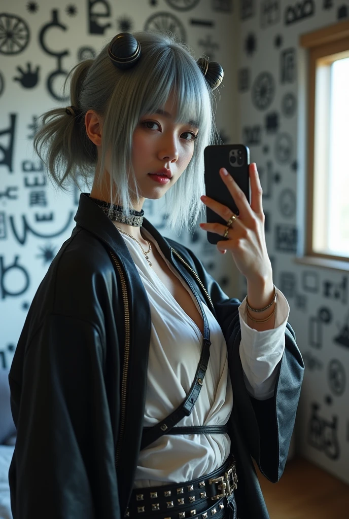highly detailed, beautiful, hyper Realistic girl, masterpiece, best quality, Japanese sexy gravure woman, 28 years old, identity hidden, takes a selfie in her room using a smartphone in front of a mirror with one hand, standing, fashion model Posing, looking away from the camera, /// gray casual punk hair, light color eyes, Realistic skin, Detailed face, /// (hairstyle with complicated decorations:1.3), _ (White and black graffiti-covered walls:1.4), _ BREAK (wide angle:1.7), _ BREAK(White and black theme:1.4), (Geometric pattern print:1.4),(fusion of traditional High collar kimono and punk elements:1.4), (black leather jacket with white silk kimono:1.2), (silver studded details on kimono:1.2), (punk-inspired accessories, black Leather thigh belt:1.4), _ BREAK (punk-style boots:1.2), /// Monotone simple Japanese modern taste single room, mirror, complicated background,