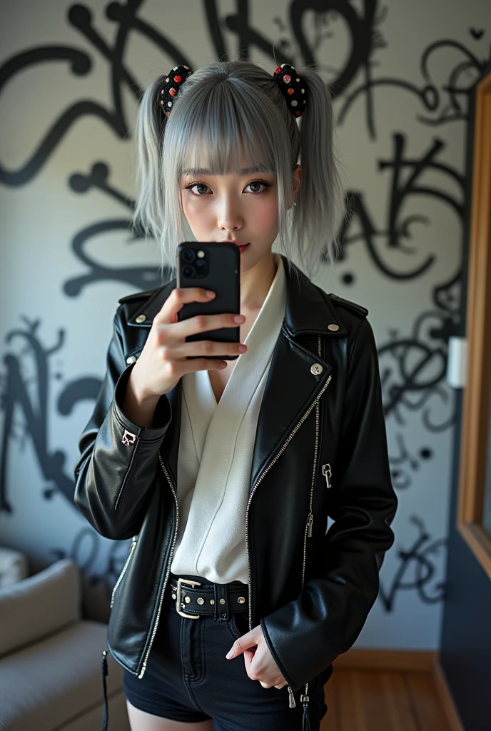 highly detailed, beautiful, hyper Realistic girl, masterpiece, best quality, Japanese sexy gravure woman, 28 years old, identity hidden, takes a selfie in her room using a smartphone in front of a mirror with one hand, standing, fashion model Posing, looking away from the camera, /// gray casual punk hair, light color eyes, Realistic skin, Detailed face, /// (hairstyle with complicated decorations:1.3), _ (White and black graffiti-covered walls:1.4), _ BREAK (wide angle:1.7), _ BREAK(White and black theme:1.4), (Geometric pattern print:1.4),(fusion of traditional High collar kimono and punk elements:1.4), (black leather jacket with white silk kimono:1.2), (silver studded details on kimono:1.2), (punk-inspired accessories, black Leather thigh belt:1.4), _ BREAK (punk-style boots:1.2), /// Monotone simple Japanese modern taste single room, mirror, complicated background,