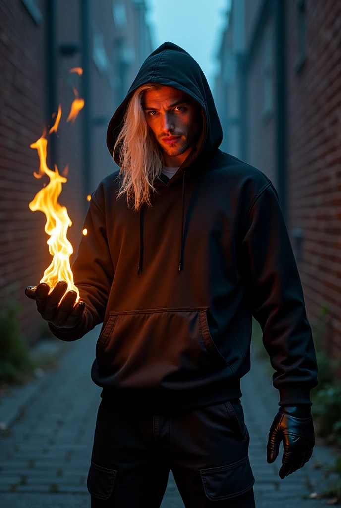 A misterious superhero. He wear black clothes: cargo pants, hoodie with large hood on his head and gloves without fingers. He has white really long hair and he's handsome. He has no beard, with clean face, with no facial hair.  The hood cover his face in half but I can see smile on his face. He has indygo eyes. In his hand he's playing with fire between his fingers. He looks a little like Rhaegar Targaryen.