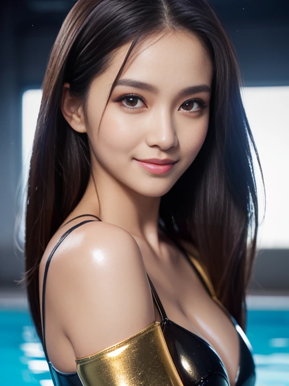 Latex bodysuit、Knee-high boots、Huge 、Long brown hair、Shiny, Oily skin、Glowing Skin、Indoor competition pool、White skin、 Body Portrait, 8k, Narrow and beautiful eyes, Dindal effect, masterpiece, 最high quality, high quality, High resolution, Very detailed photos, (Natural skin texture, Fine skin, Hyperrealism, Ultra Sharpness) , Skin with attention to detail, (Very fine, Fine skin texture, Intricate details, Beautiful Face, (A vivid face), Realistic eyes, Beautiful and detailed, Realistic Skin, Beautiful Skin, surreal, Very detailed, Golden Ratio, Smiling Eyes, ((Night moonlight background)), Body Portrait, glamorous, Shiny Bodysuit