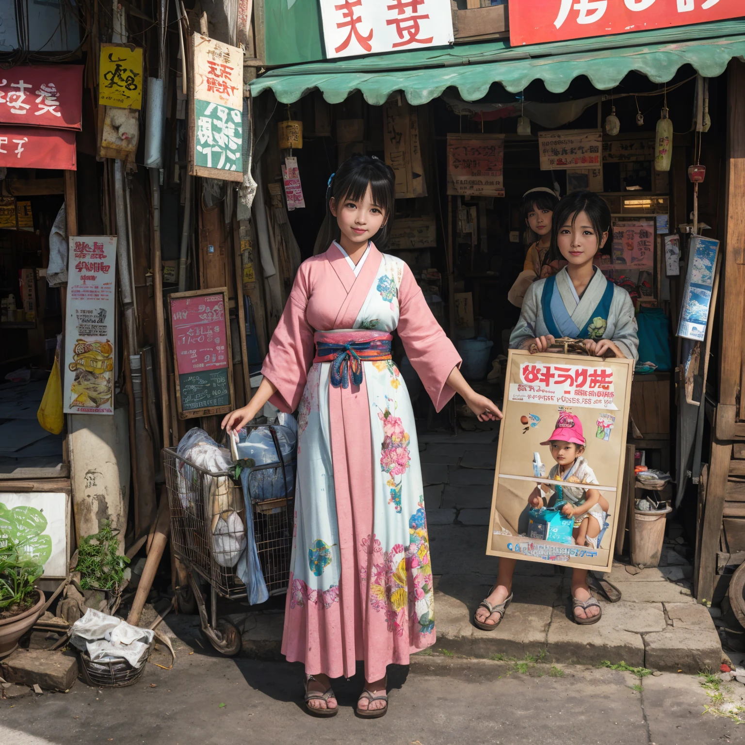
((masterpiece、Highest quality))、Beautiful girls gather.、Three girls in summer clothes、clothes、(Showa Retro:1.2)、(Detailed and cute face:1.3)、(Poor conditions、Japan's poor neighborhoods、Dim and unsanitary、Standing Bar、みんなで楽しくdiet、Crumbling shopping mall)、屋台のdiet店、stage、sewage、Dirty shop、street vendors、Unsanitary and abandoned city、smile、diet、Poor person々