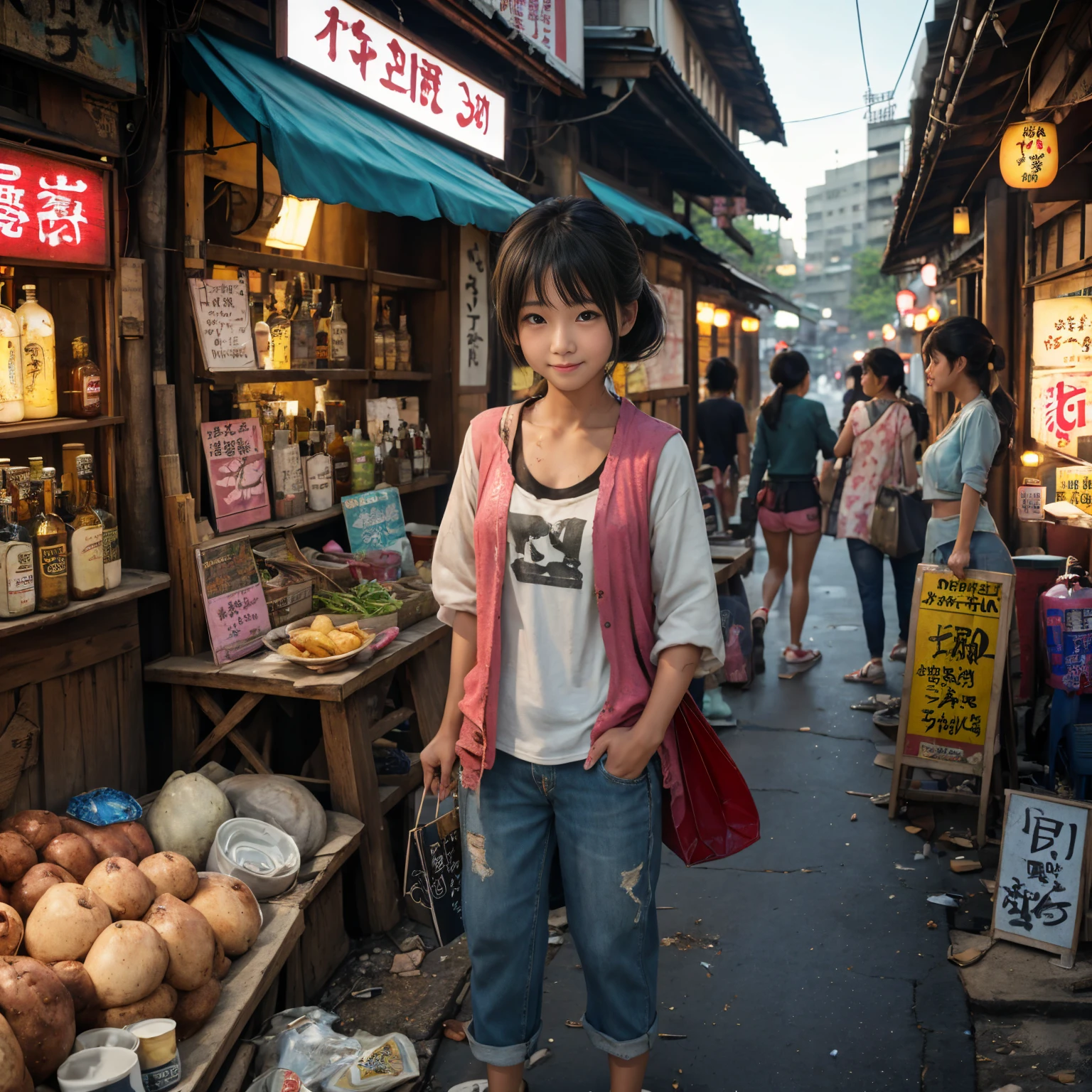 
((masterpiece、Highest quality))、Beautiful girls gather.、Three girls in summer clothes、clothes、(Showa Retro:1.2)、(Detailed and cute face:1.3)、(Poor conditions、Japan's poor neighborhoods、Dim and unsanitary、Standing Bar、みんなで楽しくdiet、Crumbling shopping mall)、屋台のdiet店、stage、sewage、Dirty shop、street vendors、Unsanitary and abandoned city、smile、diet、Poor person々