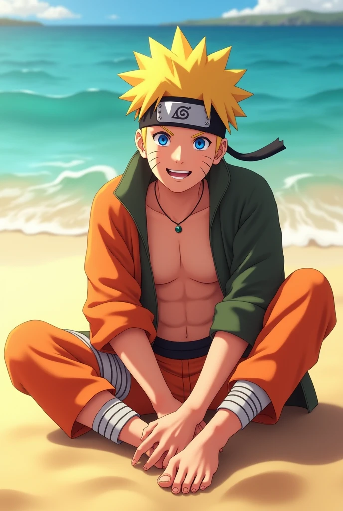 Animated image showing realistic HD texture style of Naruto Uzumaki barefoot showing sole of feet from below close to camera Sitting on beach smiling shirtless Realistic details of soles of feet 2 feet 5 toes on each foot Showing six pack Showing sole of foot Showing details of perfect feet Showing lighting on feet Showing realism of sole of feet without toenails