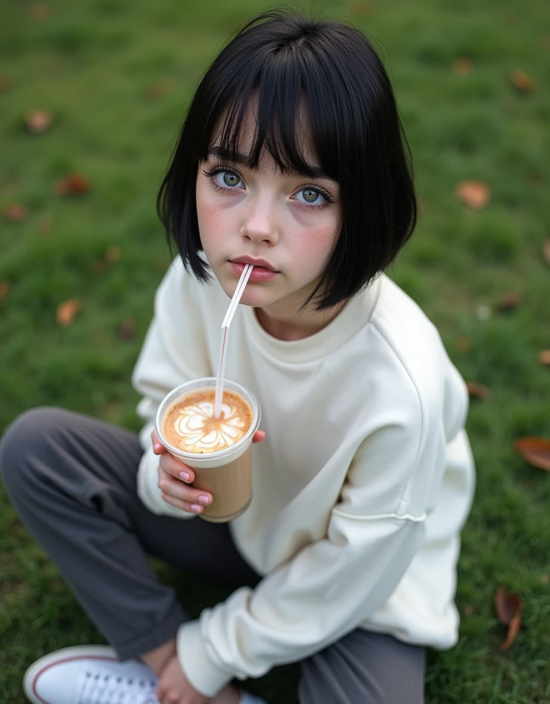 (RAW photo, best quality, masterpiece: 1.2), (photorealistic: 2), (Polish girl, 20 years old, black hair, Light grey eyes, short bob cut, hair in 7 thirds, hair over one ear, Symmetrical eyes, solo, Detailed Skin:1.1), White oversized sweatshirt, dark grey pants, white sneakers, sitting Indian style on the grass, drinking a latte from a clear cup with a straw, angled from above, looking up