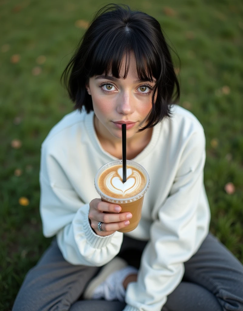(RAW photo, best quality, masterpiece: 1.2), (photorealistic: 2), (Polish girl, 20 years old, black hair, Light grey eyes, short bob cut, hair in 7 thirds, hair over one ear, Symmetrical eyes, solo, Detailed Skin:1.1), White oversized sweatshirt, dark grey pants, white sneakers, sitting Indian style on the grass, drinking a latte from a clear cup with a straw, angled from above, looking up