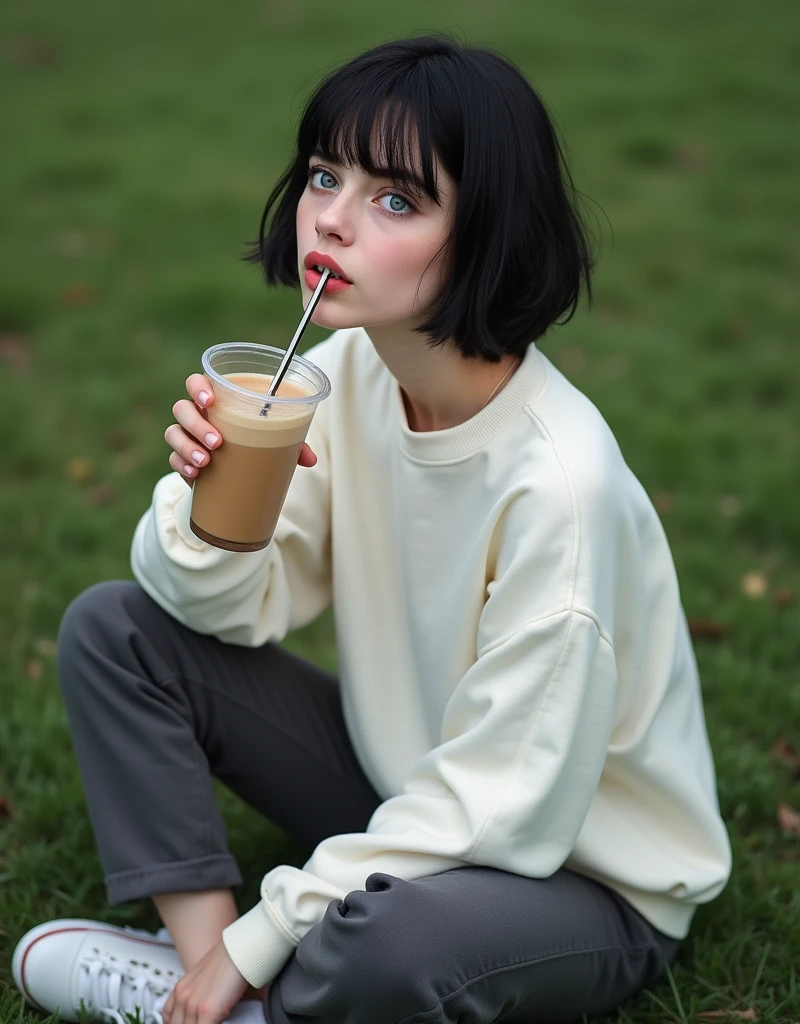 (RAW photo, best quality, masterpiece: 1.2), (photorealistic: 2), (Polish girl, 20 years old, black hair, Light grey eyes, short bob cut, hair in 7 thirds, hair over one ear, Symmetrical eyes, solo, Detailed Skin:1.1), White oversized sweatshirt, dark grey pants, white sneakers, sitting Indian style on the grass, drinking a latte from a clear cup with a straw, angled from above, looking up