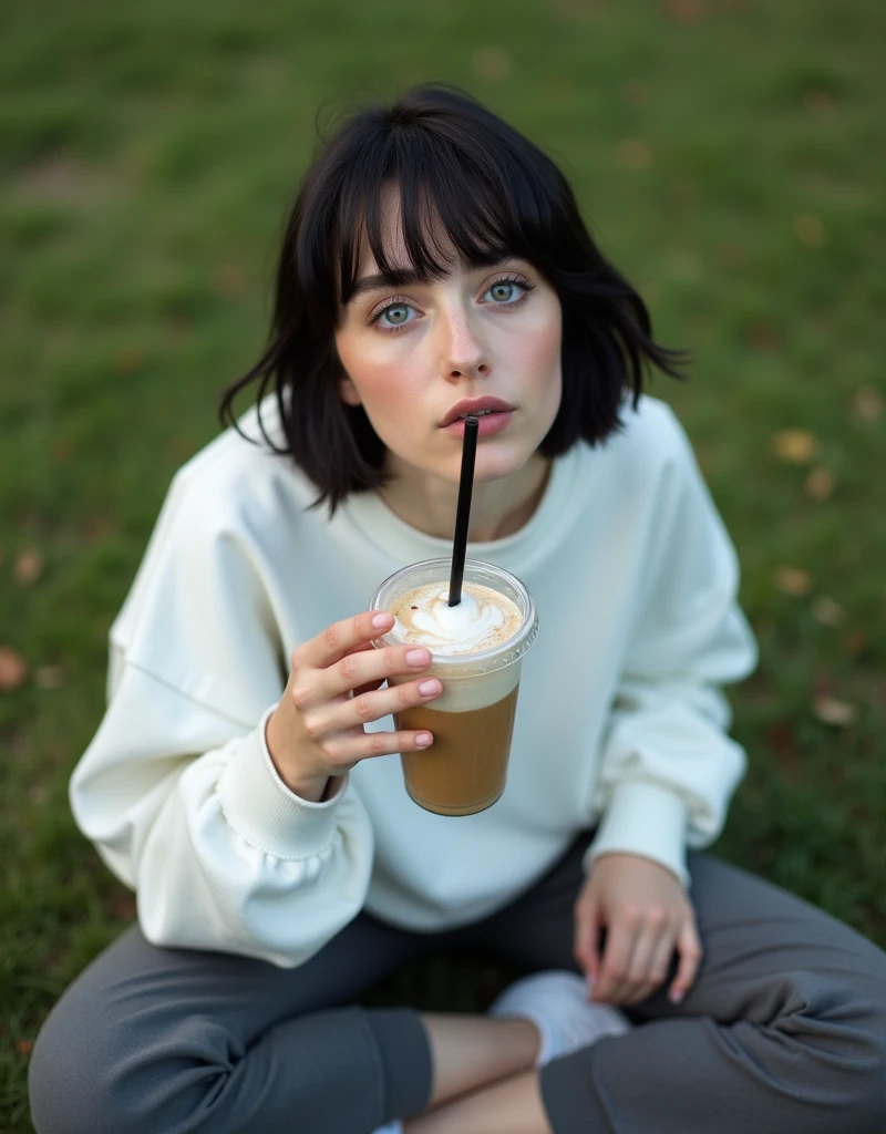 (RAW photo, best quality, masterpiece: 1.2), (photorealistic: 2), (Polish girl, 20 years old, black hair, Light grey eyes, short bob cut, hair in 7 thirds, hair over one ear, Symmetrical eyes, solo, Detailed Skin:1.1), White oversized sweatshirt, dark grey pants, white sneakers, sitting Indian style on the grass, drinking a latte from a clear cup with a straw, angled from above, looking up