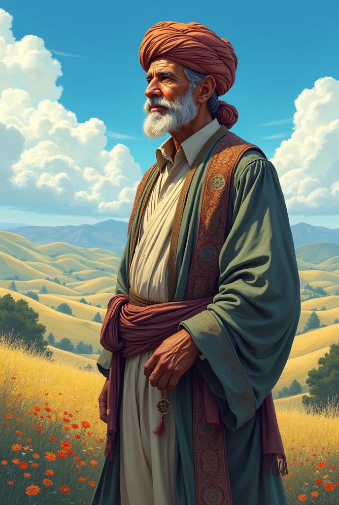 Anime old man standing wearing proper turban in background ground