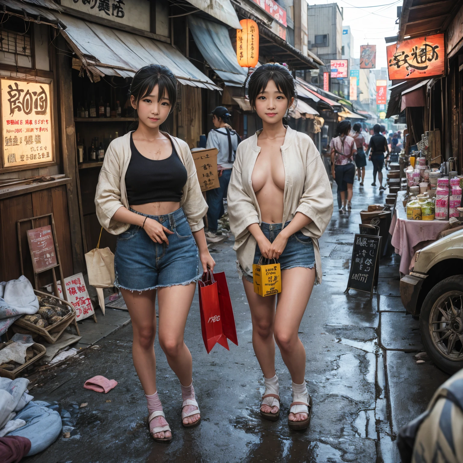 
((masterpiece、Highest quality))、Beautiful girls gather.、Three girls in summer clothes、clothes、(Showa Retro:1.2)、(Detailed and cute face:1.3)、(Poor conditions、Japan's poor neighborhoods、Dim and unsanitary、Standing Bar、みんなで楽しくdiet、Crumbling shopping mall)、屋台のdiet店、stage、sewage、Dirty shop、street vendors、Unsanitary and abandoned city、smile、diet、Poor person々