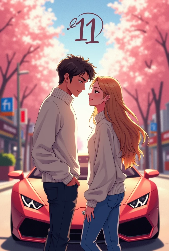 High quality photos of a couple in love, the girl in front and the boy with his back to the Lamborghini, anime drawings, with the names, Gilberto as a woman and Fany as a man, in their white sweaters, below the names the number 11, 