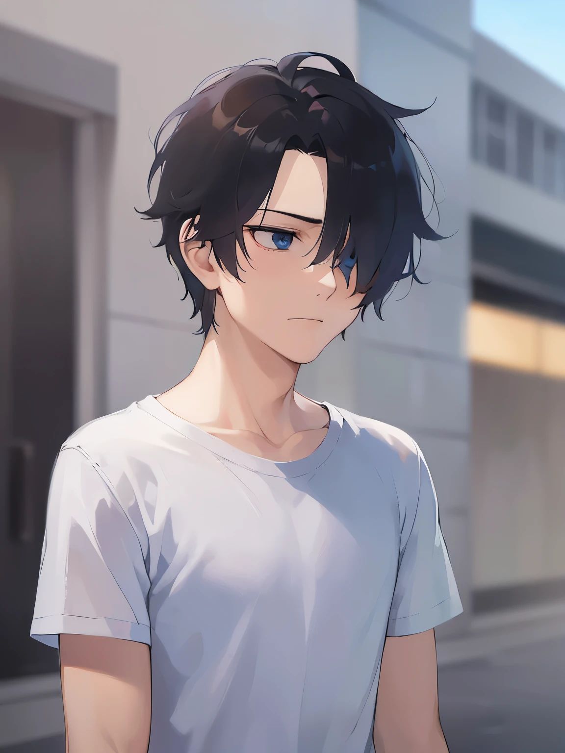 (looking away:1.5),masterpiece,Highest quality,BREAK (A 29-year-old man:1.5) and (Black short hair) and (Blue eyes) and (jitome) and (hair over one eye) BREAK,White T-shirt,The background is outside the company,(Depressed),Alone,Are standing
