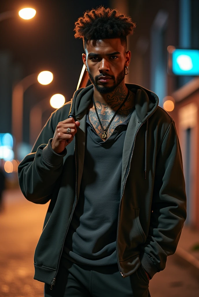 Man dark skin tone neck tattoo curly hair with haircut style "american court" (popular in brazil), with eyebrow piercing, men's earrings, with an open sweatshirt over a loose shirt and loose pants, psychopath smile, holding a bloody baseball bat over his shoulder