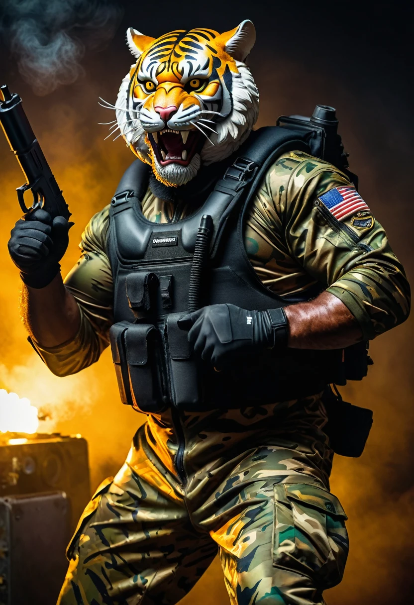 (a dark-skinned bearded fat muscular old man in a bulky army camouflage zipper diver suit) holding a gun, (wearing a small-sized realistic roaring tiger mask), dynamic action pose, fierce expression, showcasing an imposing stature, surrounded by military elements, dramatic shadows and intense highlights, cinematic color tones, high detail, powerful, art influenced by Bruce Onobrakpeya and Stanley Artgerm, ultra-detailed, best quality image, action-packed atmosphere. thumbs up pose