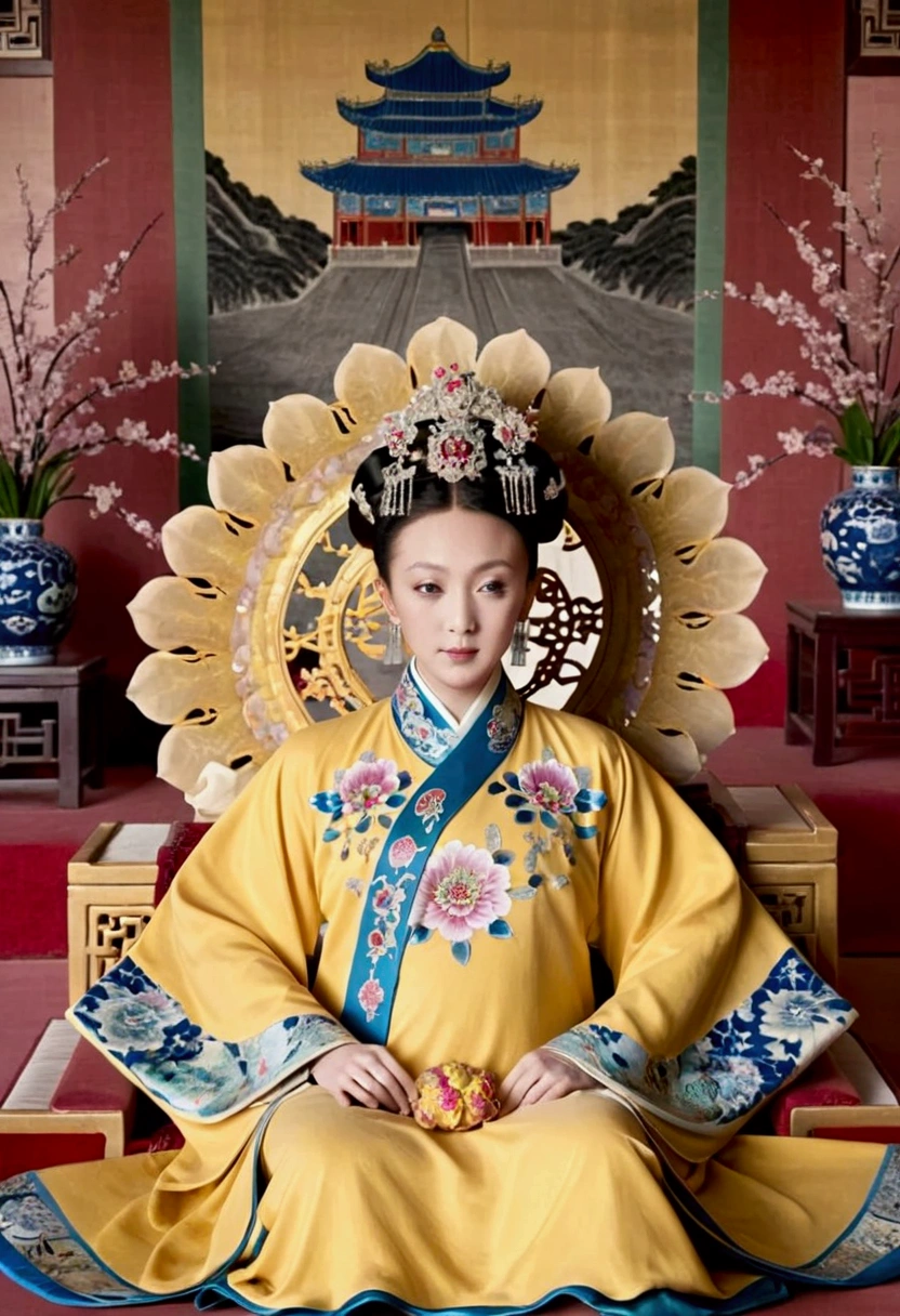 From the pre-Qing period, The Empress sits naked on a large golden sofa in the palace, Her legs were spread, At the Chinese court during the Qing Dynasty, Empress of the Qing Dynasty, Wearing the great crown of the Chinese Empress, Belly and thighs visible from below.。She is completely naked, Showing off gorgeous large flowers and hairpins, She tied her hair up and pulled it up, 背景はEmpress of the Qing Dynastyの豪華な宮殿.