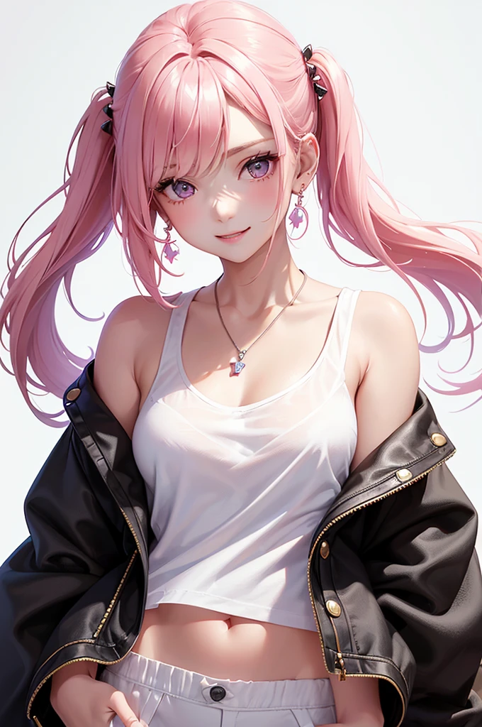 Best Quality,High resolution,8k,(plain white background, no patterns, no textures, just a plain white background:1.3),Masterpiece:1.2),beautiful girl,Shiny pink hair,messy hair,Pink eyes,oversized graphic tee with a cheerful design, paired with pre-ripped jeans, colorful cotton fabric with a subtle pattern, casual sneakers with a pop of color, Accessories include a playful pendant necklace and colorful stud earrings,Gentle look,A refreshing look,smile,Best quality,Best Quality,Aesthetic and aesthetic:1.2,Best details((Super detailed))(High-definition CG illustrations),Slender body,smile,blush,cute,Scrounge,Looking up,Being spoiled,super model