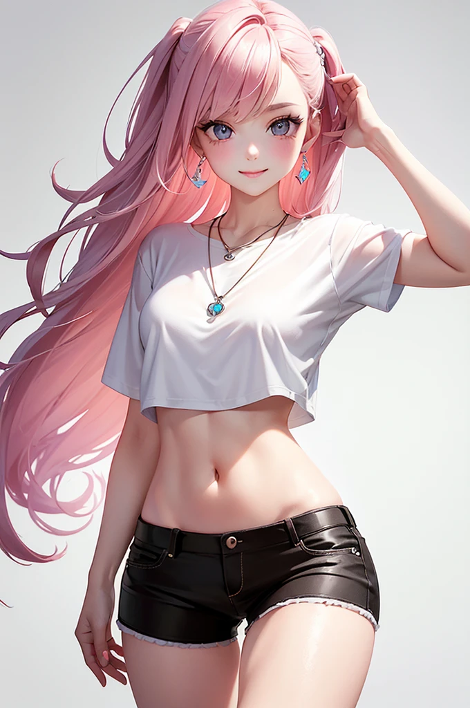 Best Quality,High resolution,8k,(plain white background, no patterns, no textures, just a plain white background:1.3),Masterpiece:1.2),beautiful girl,Shiny pink hair,messy hair,Pink eyes,oversized graphic tee with a cheerful design, paired with pre-ripped jeans, colorful cotton fabric with a subtle pattern, casual sneakers with a pop of color, Accessories include a playful pendant necklace and colorful stud earrings,Gentle look,A refreshing look,smile,Best quality,Best Quality,Aesthetic and aesthetic:1.2,Best details((Super detailed))(High-definition CG illustrations),Slender body,smile,blush,cute,Scrounge,Looking up,Being spoiled,super model