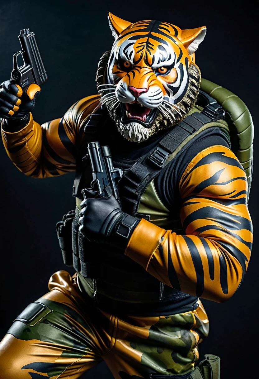(a dark-skinned bearded fat muscular old man in a bulky army camouflage zipper diver suit) holding a gun, (wearing a small-sized realistic roaring tiger mask), dynamic action pose, fierce expression, showcasing an imposing stature, surrounded by military elements, dramatic shadows and intense highlights, cinematic color tones, high detail, powerful, art influenced by Bruce Onobrakpeya and Stanley Artgerm, ultra-detailed, best quality image, action-packed atmosphere. thumbs up pose